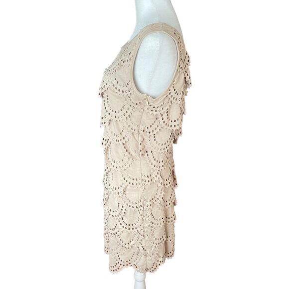 TATA Jolie Medium Shift Dress Beige Sleeveless Tiered Cutout Eyelet - Picture 8 of 9